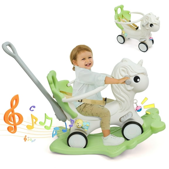 Wdmiya 4 in 1 Rocking Horse for Toddlers 1-3 Years Old, Baby Unicorn Rocking Toy Birthday Gift for Boy and Girl, Ride on Toy with Detachable Balance Board,Balance Bike with Push Handle, Green