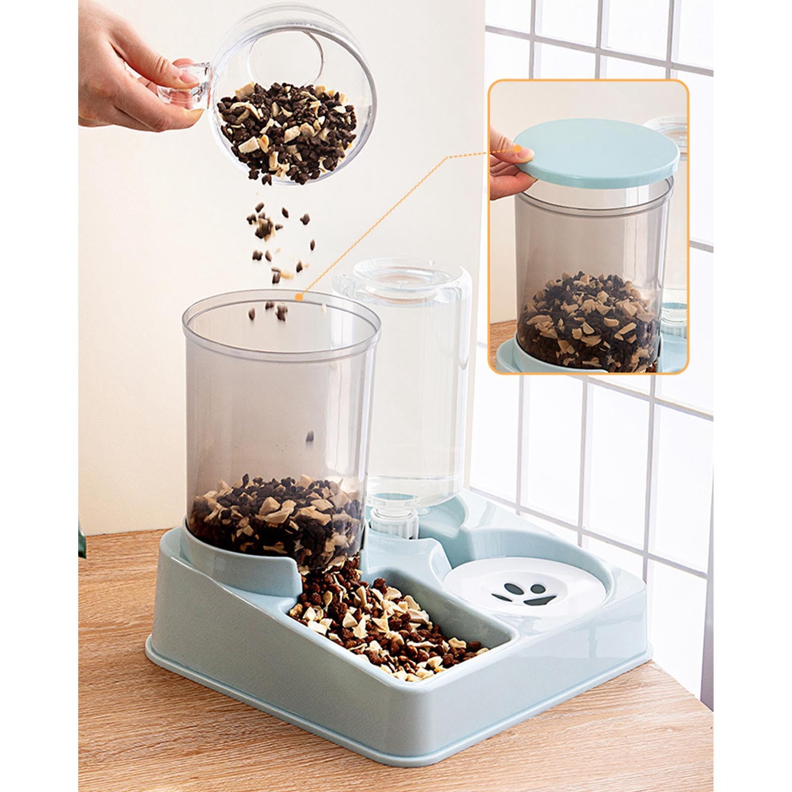 AUHomi Pet Feeder and Water Dispenser, Pet Automatic Waterer and Cat Feeder, Pets Food and Water Bowl, 2 in 1 Pet Feeding Station Self Feed (Light Blue, 1PC)