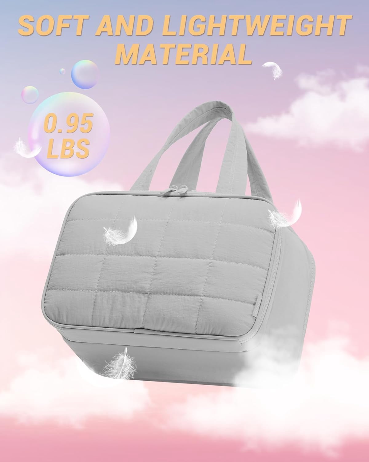 Travel Toiletry Bag, Makeup Bag Puffy Wide-open Quilted Bag for Women, Lightweight Cosmetic Bag Organizer with Handle for Traveling, Accessories, Essentials Toiletries Grey