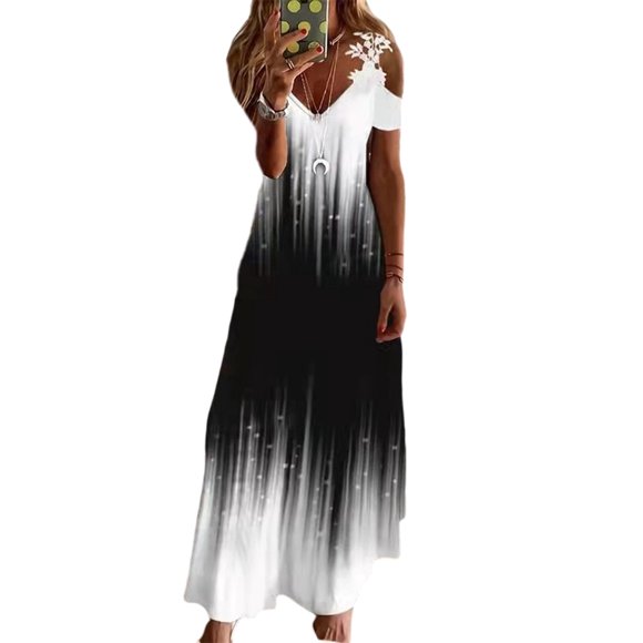 LUXUR Women Long Dress Short Sleeve Maxi Dresses Cold Shoulder Summer Beach Sundress Casual Corchet Black White Tie Dye 2XL