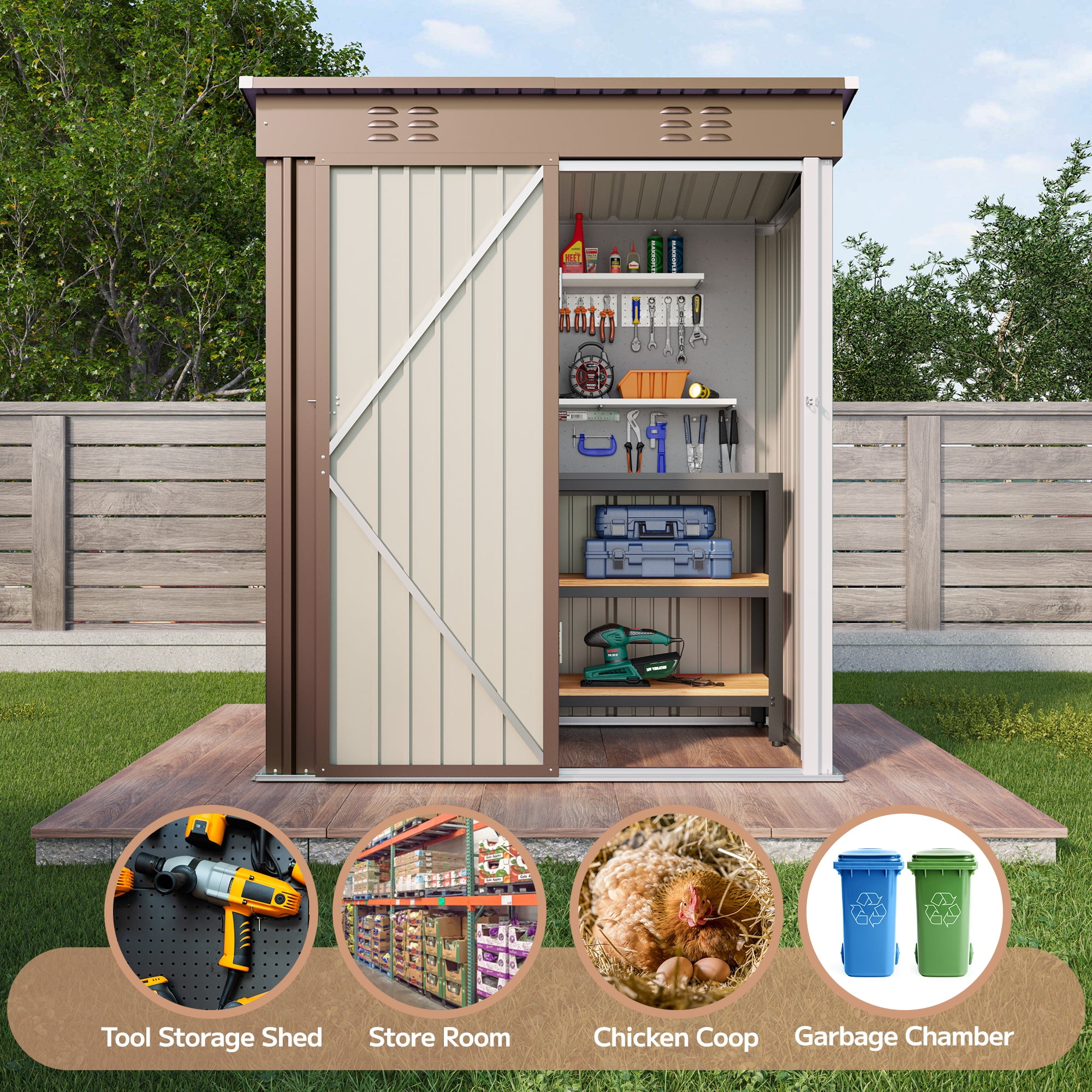 5'x3' Outdoor Storage Shed, Asofer Shed and Outdoor Storage Clearance, Weatherproof Tool Shed, Brown