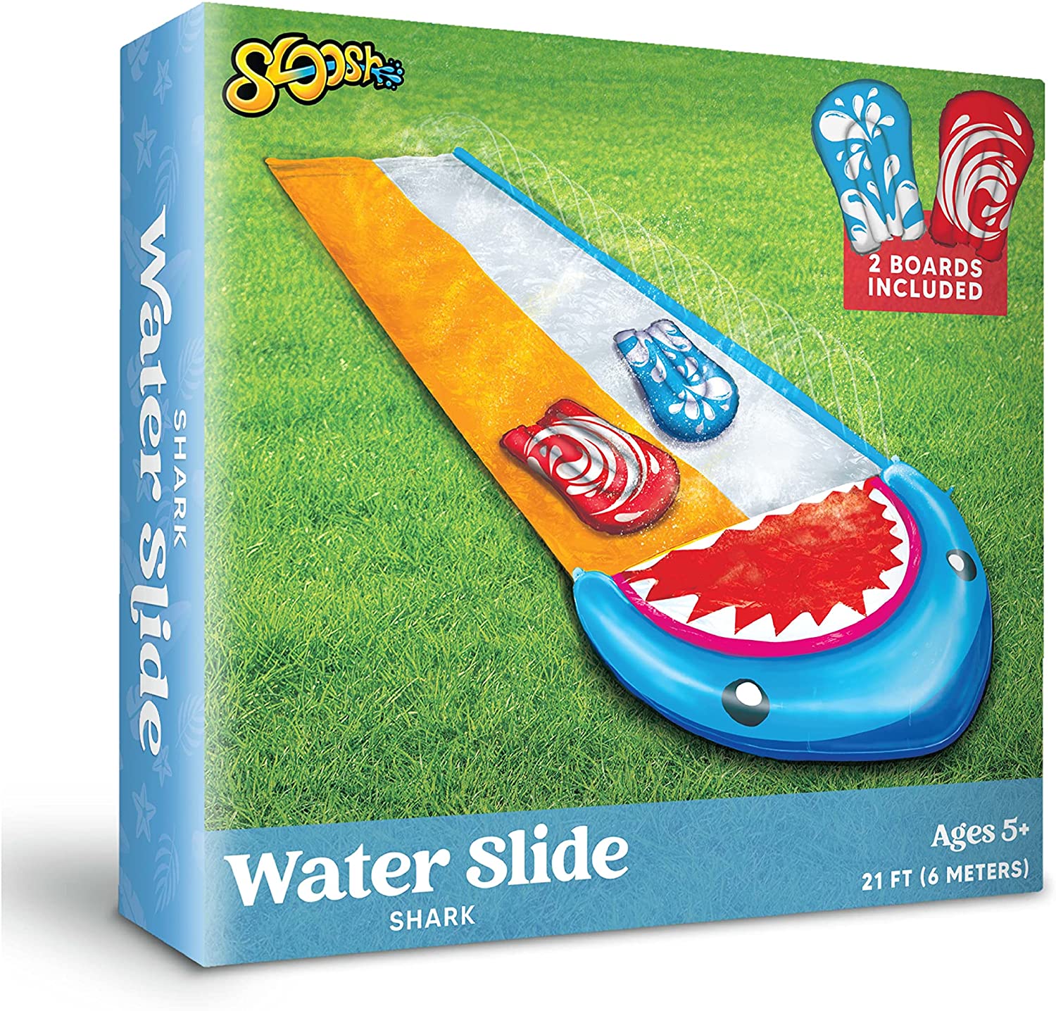 Sloosh 21ft Water Slides with 2 Boards Backyard Outdoor Lawn Slip Waterslide 2 Sliding Racing Lanes with Sprinklers Summer Toy 21ft x 62in, Shark