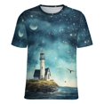 thumbnail image 5 of Lighthouse Sunrise Coast Scenery Pale Blue Tan Womens Tops Women's Fashion Casual Short Sleeve Flower Print Round Neck Pullover Top Blouse, 5 of 6