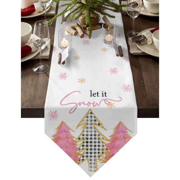 Table Runner Dresser Scarves Christmas Tree Sketch on White Cotton Linen Burlap Table Cover Gold Pink Winter Snowflake Table Runners for Family Kitchen Dining Holiday Party Banquet Decor