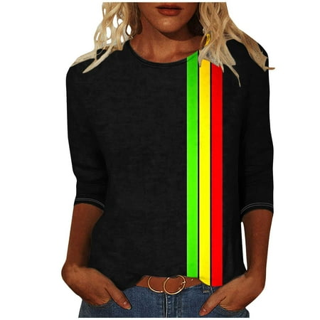 Patlollav 3/4 Length Sleeve Womens Tops Independence Day Summer Round Neck Shirts Three Quarter Sleeve Tshirts