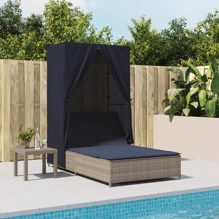 vidaXL Double Sun Lounger with Roof and Curtains Gray Poly Rattan