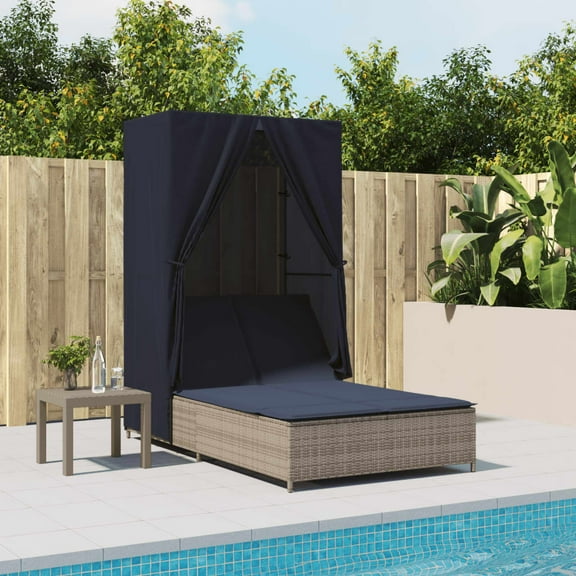 vidaXL Double Sun Lounger with Roof and Curtains Gray Poly Rattan