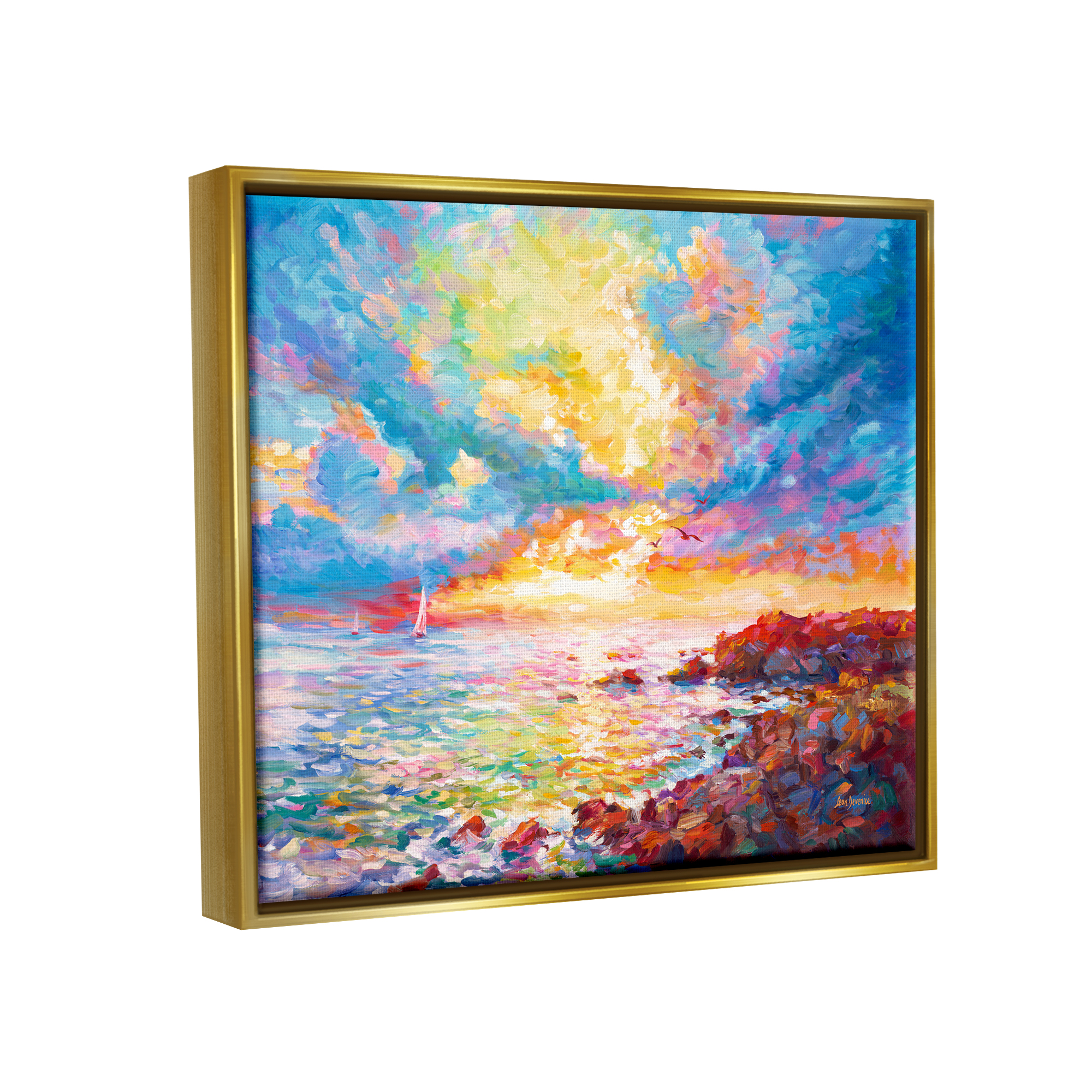 Stupell Industries Mediterranean Sunset Ocean Coast Landscape Painting Gold Floater Framed Canvas Art Print Wall Art, 31 x 25