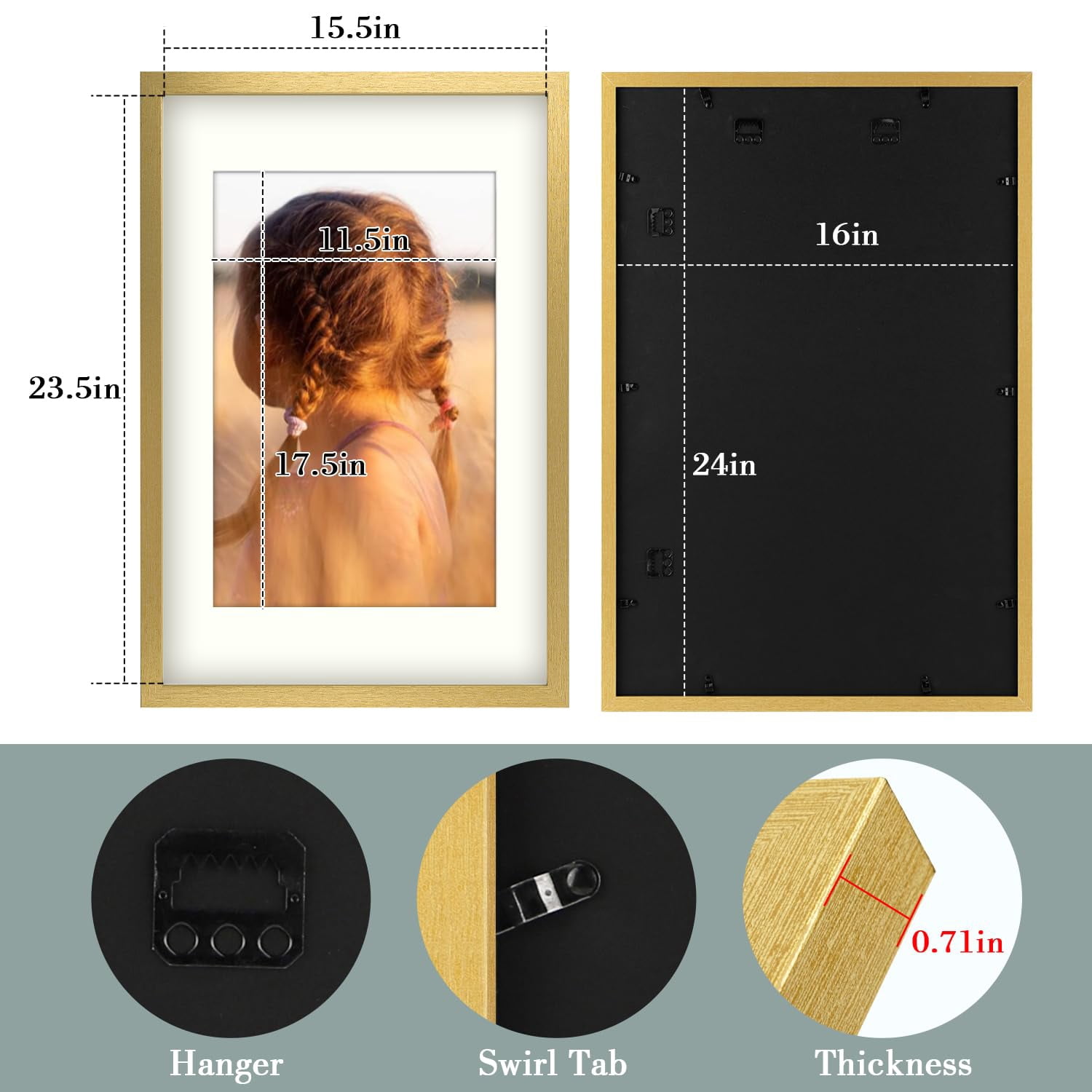 Golden State Art 16x24 Wall Display Picture Frame Matted to 12x18 with High Definition Glass, Gold, 1 Count