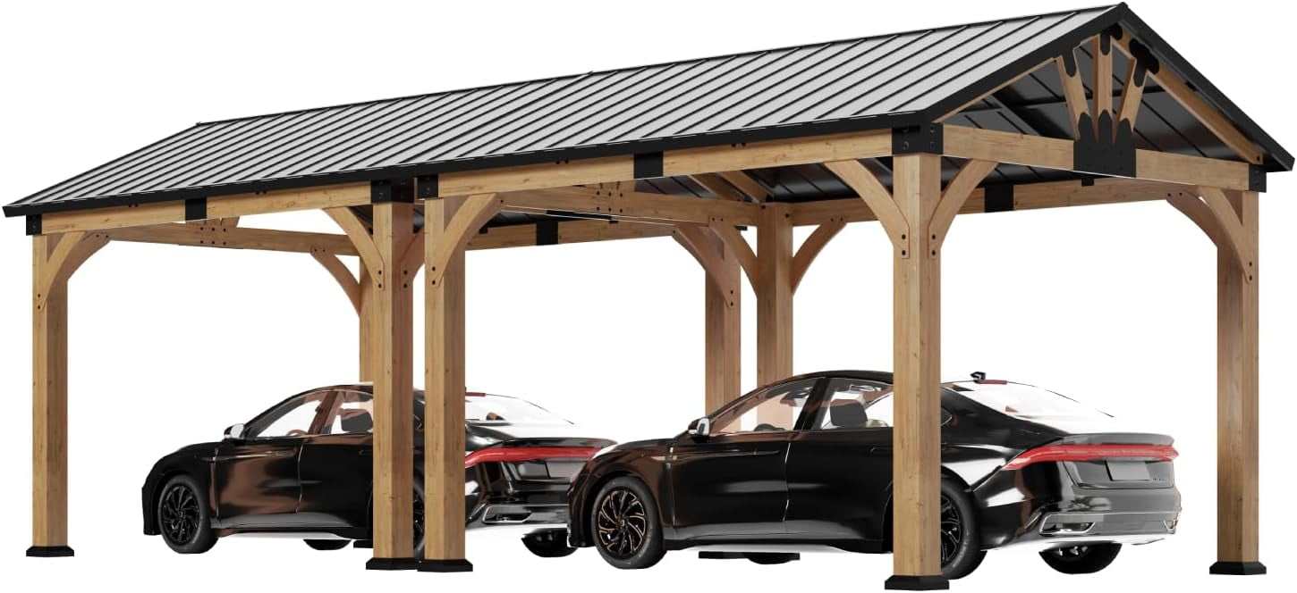 10x24x9 FT Cedar Wood Carport with Steel Roof, Carport Canopy Heavy-Duty, Portable Garage with Snow & Wind Resistant for Patio, Driveway, Garden