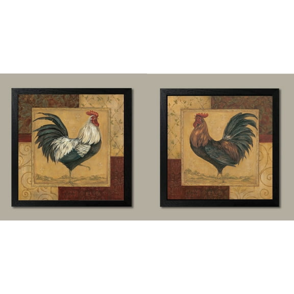 Gango Home D?cor's French Roosters; Kitchen Home D?cor, Two 12x12in Black Framed Prints; Ready to hang!