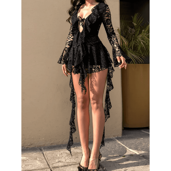 Black Gothic Lace Mini Dress With Deep V Neck, Flared Sleeves, Asymmetric Ruffle Hem