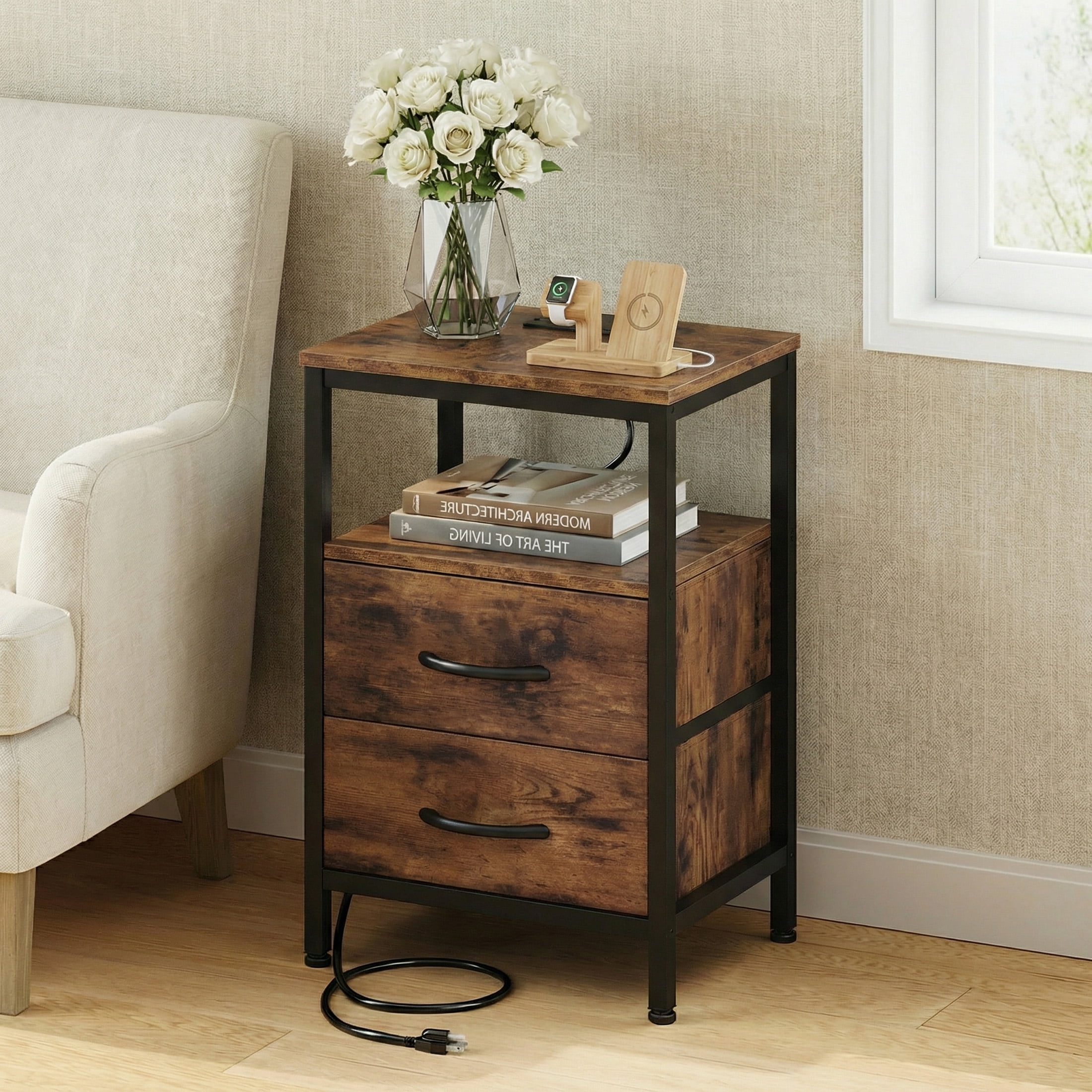 EDX Wall-mounted bedside table, featuring a built-in socket with USB/Type-C interface and adjustable drawers (two). Suitable for bedroom space-saving design. Genuine antique wood color
