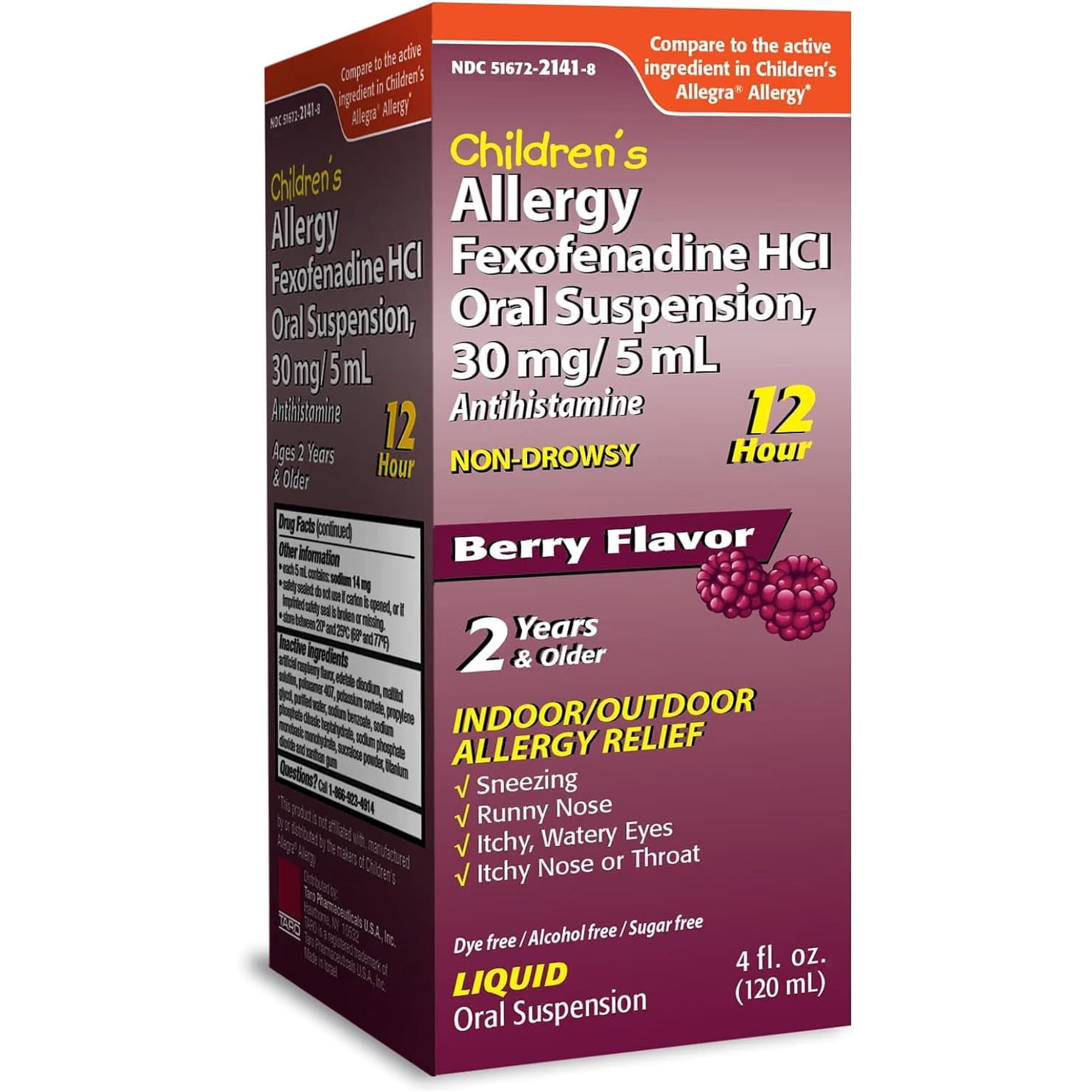TARO Children's Allergy Relief Non-drowsy Antihistamine Liquid, Berry Flavor, Fexofenadine HCl, 12 HR Allergy Relief, 8 Oz