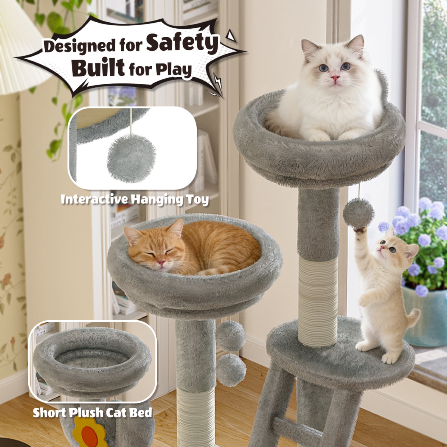 Gray 72in Cactus Cat Tree Tall Cat Tower for Indoor Cats with Transparent Capsule Sisal Scratching Posts Plush Perches Interactive Toys Multi Level Activity Center for Kittens and Large Cats