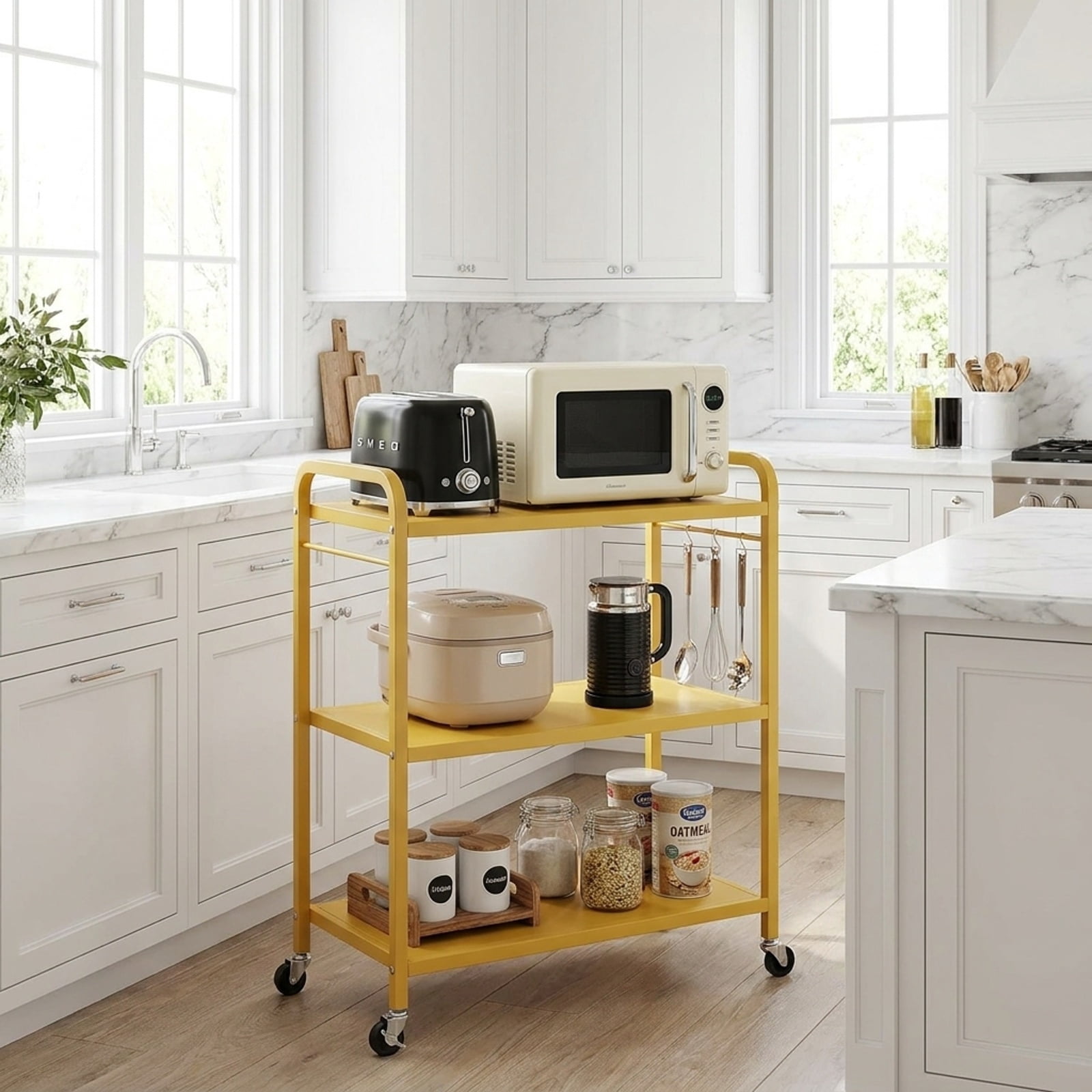 Furnibear 3-Tier Rolling Microwave Cart with Power Outlet and 10 Hooks and Lockable Wheels