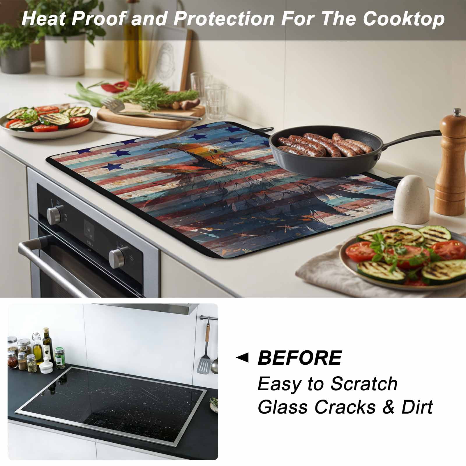 Eagle Stove Top Cover for Electric Stove, Heat-proof & Non Slip Glass Top Stove Cover Protector, American Flag Blue Star Red Blue Striped Vintage Wooden Kitchen Flat Cooktop Rubber Mat 24x21 Inches