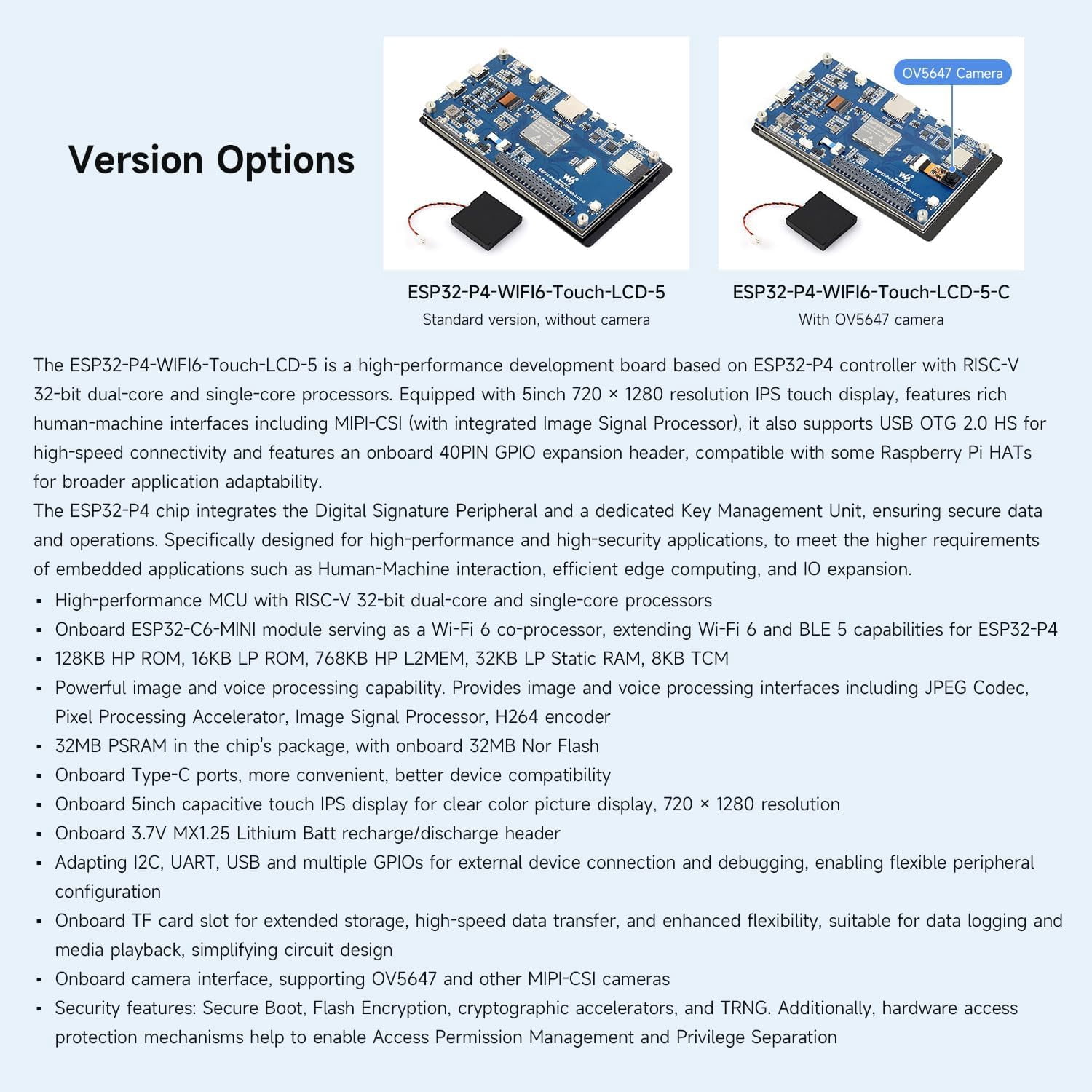 ESP32-P4-WIFI6 5inch Development Board, 720 × 1280 Resolution, 5-Point Touch, Onboard Audio codec chip, Supports Wi-Fi 6 and BLE 5