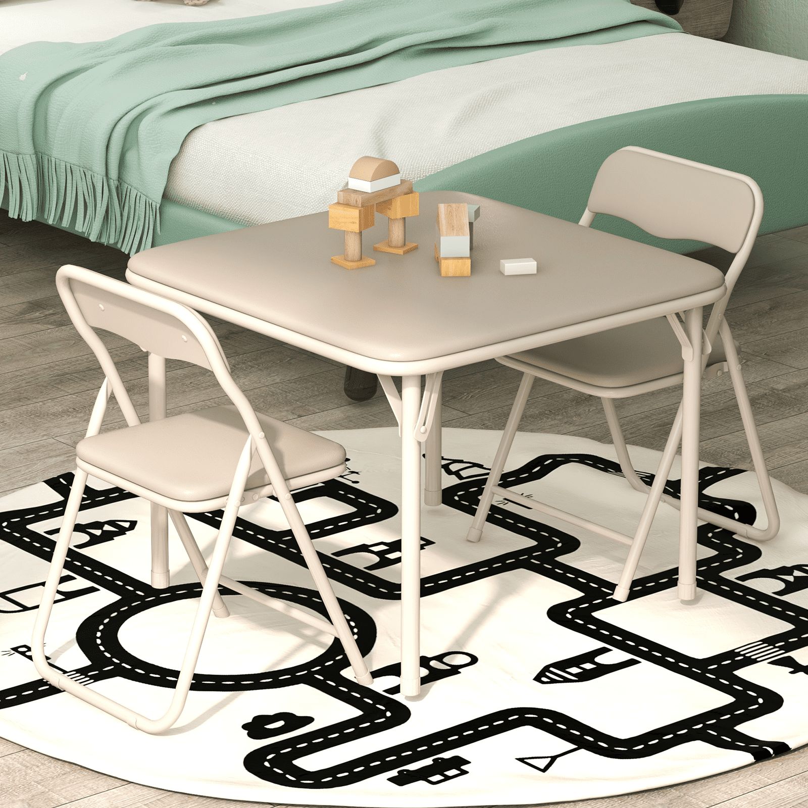 Rugerasy 3PC Folding Upholstered Table and Chair, Square Card Table and Chair Set with Pu Soft Cushion, Metal Frame Activity Table and Chairs Set for Daycare and Classroom,Beige