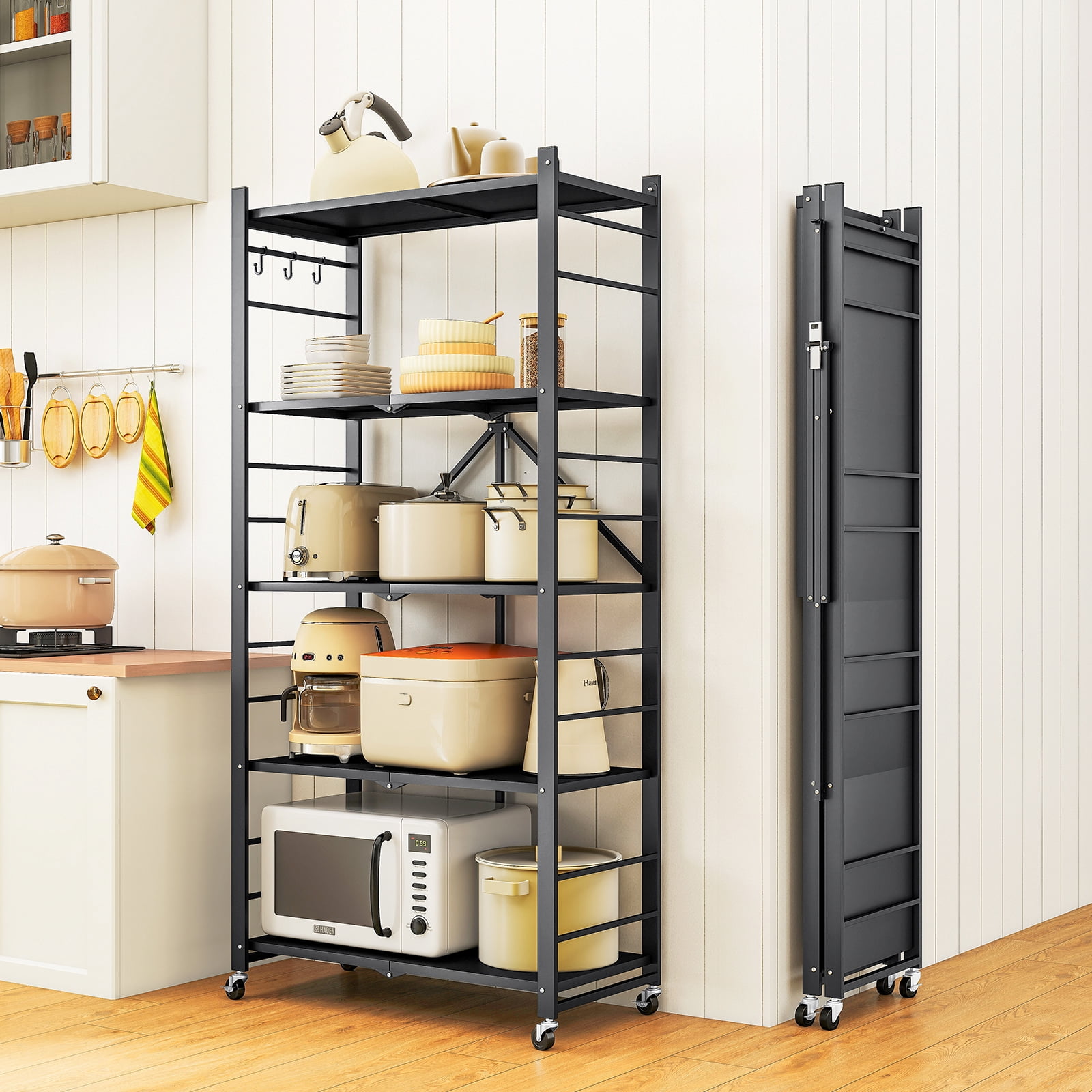 Fenbeli Storage Shelves,5-Tier Foldable Metal Wire Storage Shelf with Wheels, Heavy Duty Organizer Rack for Garage, Kitchen, Closet, Black