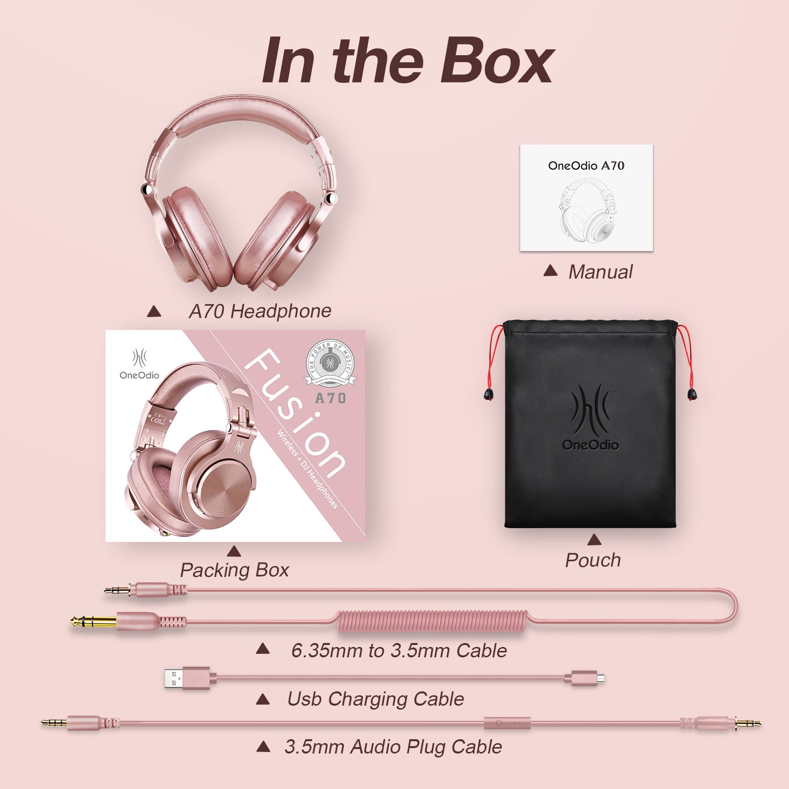 OneOdio Wireless Bluetooth Over Ear Headphones for Women and Girls,Stereo Jack for Guitar Amp Computer PC Tablet，72 Hours Playtime-A70 Rose Gold