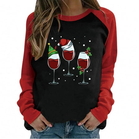 

Ziloco Women s Casual Round Neck Raglan Color Matching Christmas Wine Cup Print Long Sleeve T-Shirt Top Long Sleeve Round Neck Top / Shirt underscrub long sleeve women tank tops for women Black XXL
