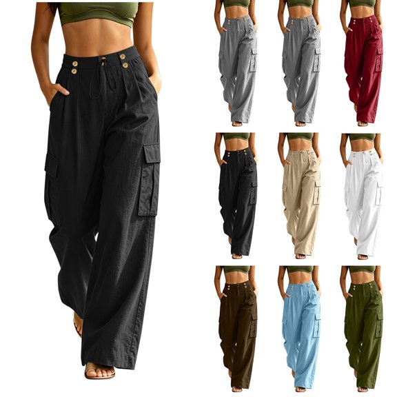 Zpzdpjkx Linen Pants Women Womens High Waist Cargo Pants Casual Wide Leg Buttons Cotton Trousers with Multi-Pockets