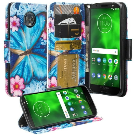 Boost Mobile Phones Moto G Case Moto G6 Case, Moto G6 2018 Case,Cute Girls Women Pu Leather Wallet Case with ID Slot & Kickstand Phone Case for Moto G (6th Generation) - Blue Butterfly ()