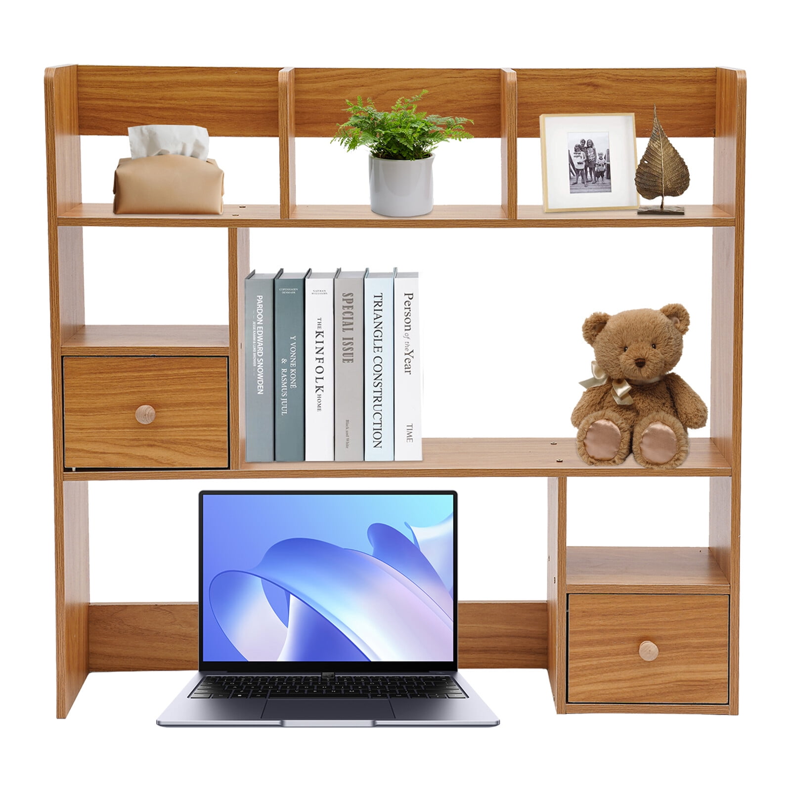 ToppiJoy Desktop Bookshelf, Desk Storage Organizer, Wood Desk Display Shelf Rack, Office Supplies Desk Organizer (Pine Color)