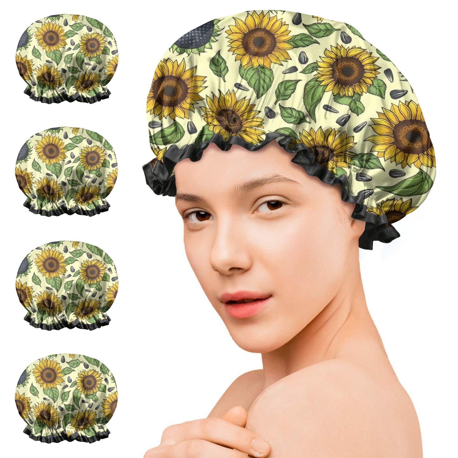 Shower Caps,Yellow Sunflower Seed Leaf Pattern Waterproof Shower Cap for Women 4 Pieces,Double Reusable Hair Cover for Shower PEVA Elastic Stretch Hem