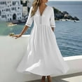 thumbnail image 4 of ClodeEU Women's V Neck 3/4 Sleeve Tiered Midi Dress,Casual Loose Flowy Beach Vacation Dress White,Women's Plus XXL, 4 of 9