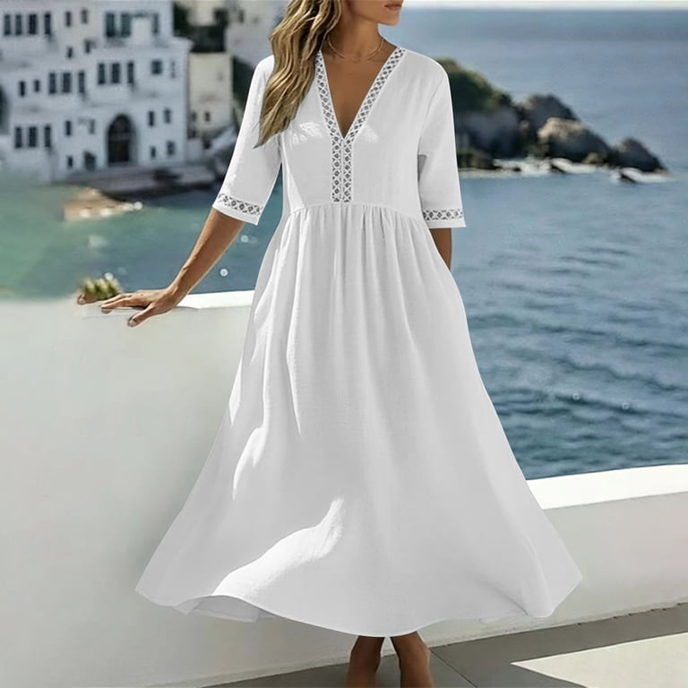 flowy white beach dress Kukoosong Women's V-Neck Elbow-Length Sleeve Maxi Dress, Casual Tiered A-Line for Summer Vacation, Lace Plaid Long Sundress, Size Collection:Lumina