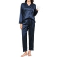 thumbnail image 6 of Luxury Women's Silk Satin Pajama Set - Long Sleeve Lace Trim Lapel Sleepwear Nightwear Loungewear, Navy Blue, L, 6 of 10