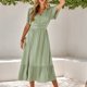 thumbnail image 5 of Vestido de verano casual con cuello en V y manga corta con volantes para mujer, vestido midi con cintura fruncida y lunares suizos para fiesta, 5 of 8
