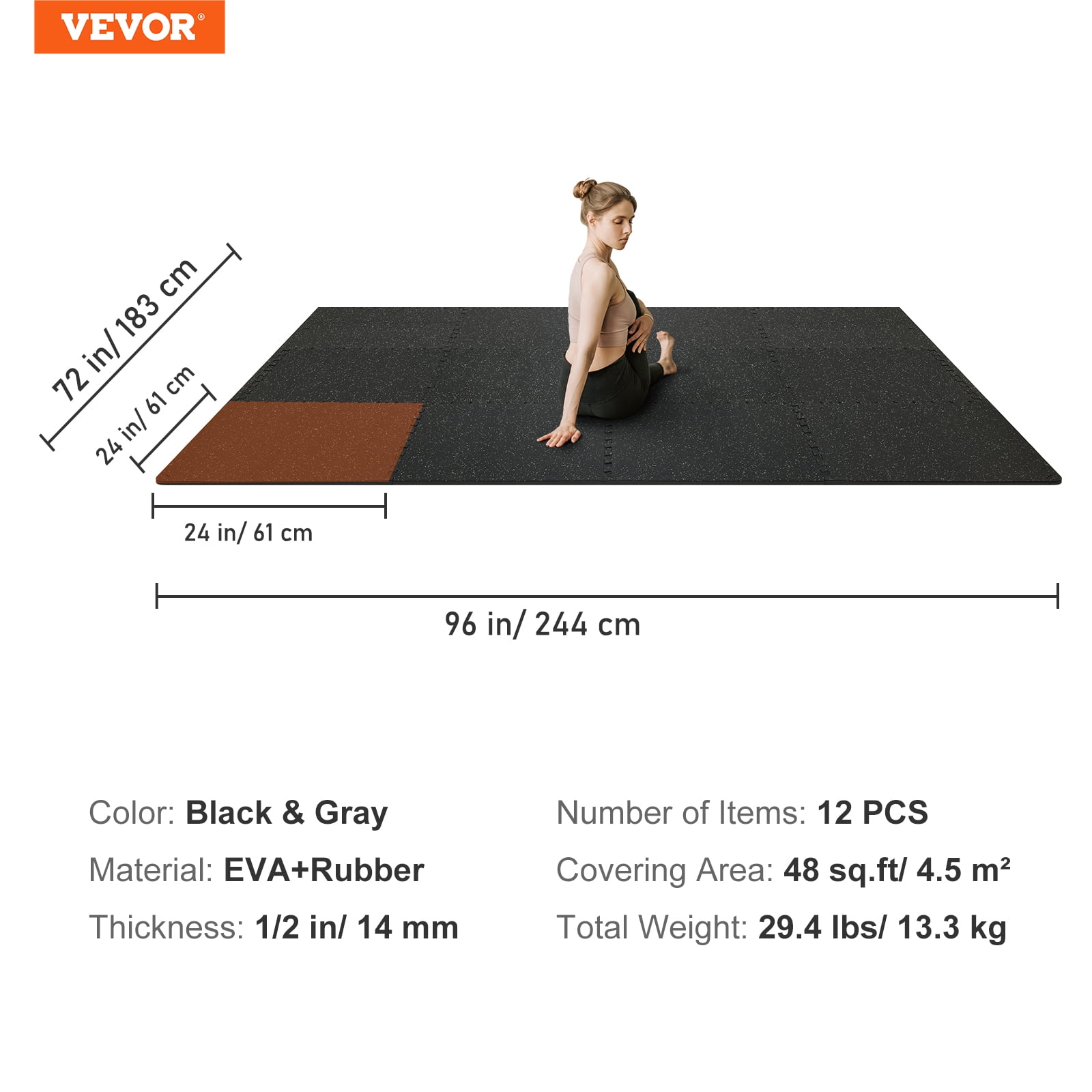 Vevor 12pcs 1/2 inch Thick Gym Floor Mats, 24" x 24" EVA Foam & Rubber Top Interlocking Workout Floor Mats with 48 sq.ft Waterproof Exercise ,Black