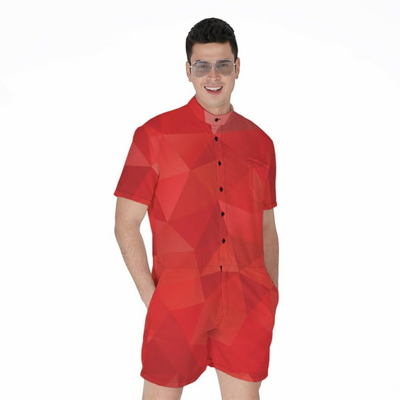Red Polygonal Geometric Short Sleeve Men'S Rompers Casual Summer Jumpsuits Outfit