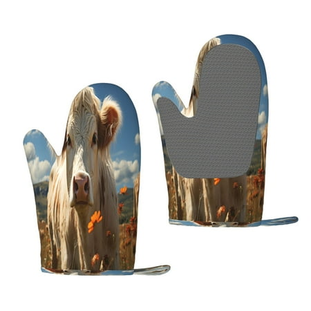 

Hirioo Daisy Meadow Cow for Silicone Oven Mitts for BBQ Baking Cooking Set of 2 Heat Resistant 260℃ Non-Slip Kitchen Essentials