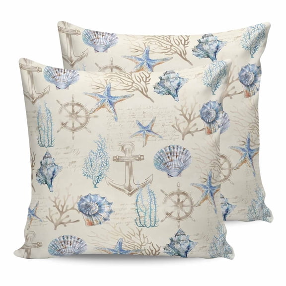 Pillow Covers 18x18 Set of 2, Nautical Coastal Throw Pillow Covers Decorative Couch Cushion Cover, Vintage Beach Coral Starfish Shell Microfiber Soft Square Pillowcases for Bedroom Living Room Sofa
