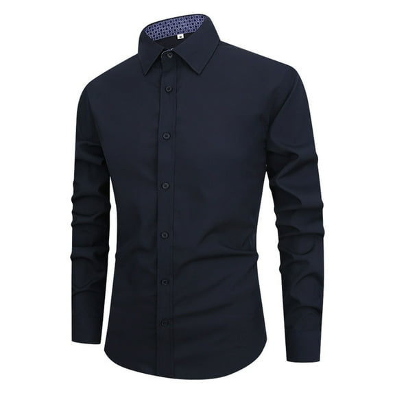 Zimjoy Mens White Dress Shirt Solid Wrinkle Free Elastic Men's Dress Shirts Long Sleeve Shirts for Men Casual Collared Regular Fit Suit Shirts, Navy L