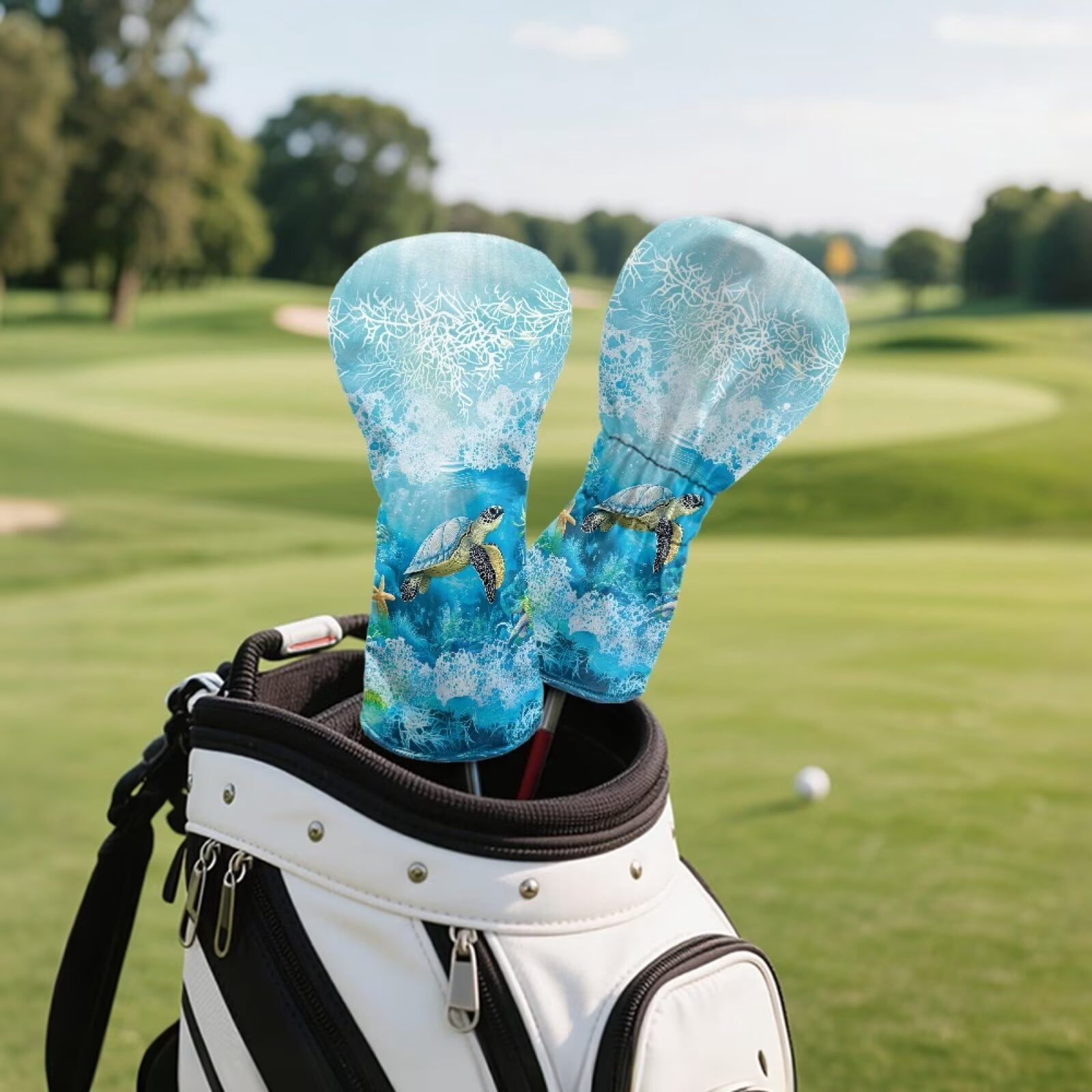Uorisanigo Golf Club Head Covers Waterproof PU Leather Driver/Fairway/Hybrid Headcovers with Double Elastic Band for Most Brand, Boho Sea Turtle Headcovers for Club Protective