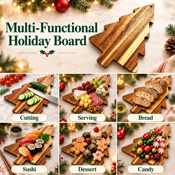 Christmas Tree Shaped Wooden Cutting Board, Flat Wood Board for Fruit, Cheese, Dessert, Candy and Snack Serving, Reusable Kitchen Prep and Holiday Table Presentation, 14.96x9.45x0.59 in, 1 Pc