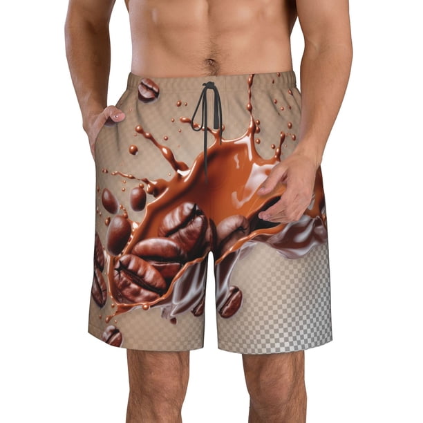 Balery Coffee Beans Chocolate Splash Traje de Baño Estilo Hawaiano para Hombre, Shorts de Secado Rápido con Bolsillos-Large
