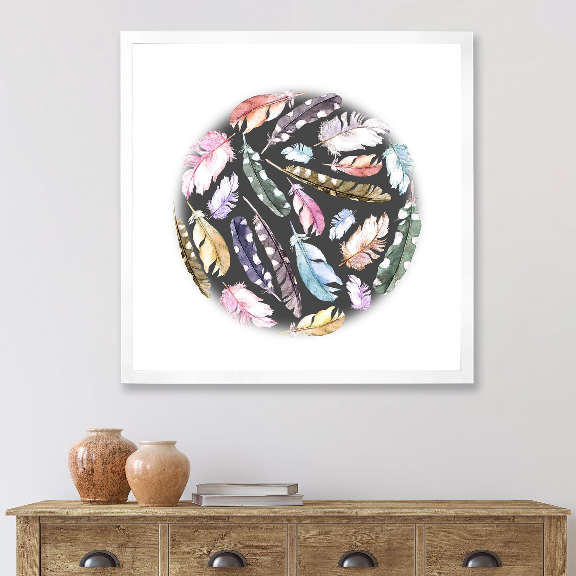 Designart 'Colorful Boho Feathers In Circle Shape' Bohemian & Eclectic Framed Art Print