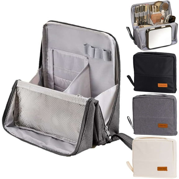 Gustave Standing Makeup Bag Portable Toiletry Cosmetic Travel Bag Organizer Large Capacity Multipurpose Oxford Makeup Brush Holder Storage Case with Compartments and Mesh Bag for Women, Gray