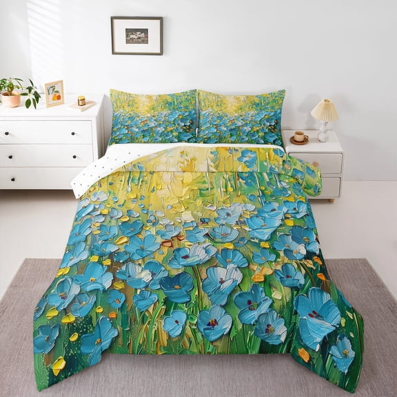 Manfei Blue Flowers Girl Bedding Comforter Set 2pcs,Spring Garden Twin Comforter Sets Microfiber,Abstract Oil Painting Breathable Bedding Set,Ultra Soft Home Decor,Reversible