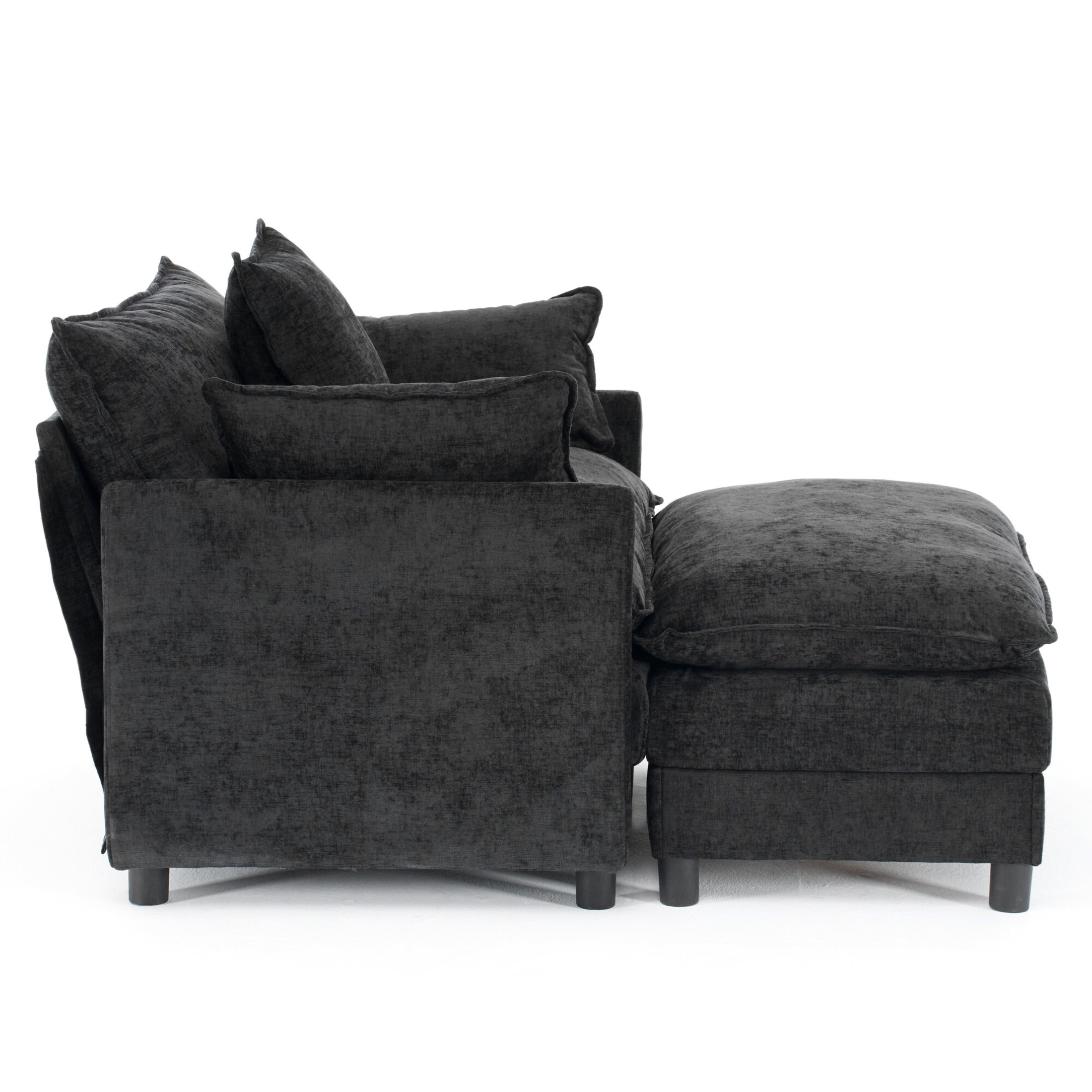 Noble House Modern Chenille Upholstered Accent Chair with Ottoman, Solid Wood Frame, Black