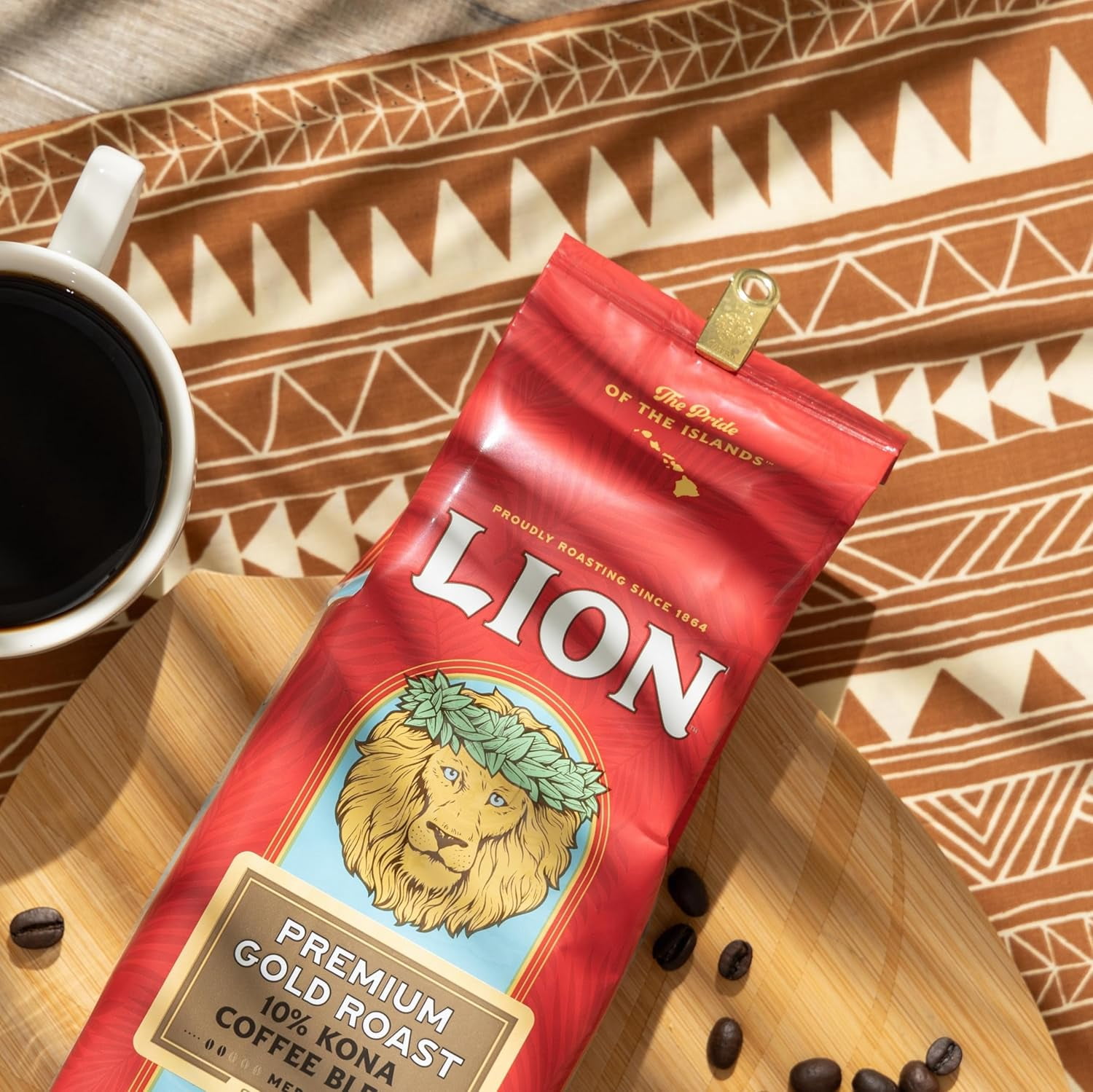 Lion Coffee Premium Gold Roast Ground Coffee, 10% Kona Blend, Medium-Light Roast, 24 oz