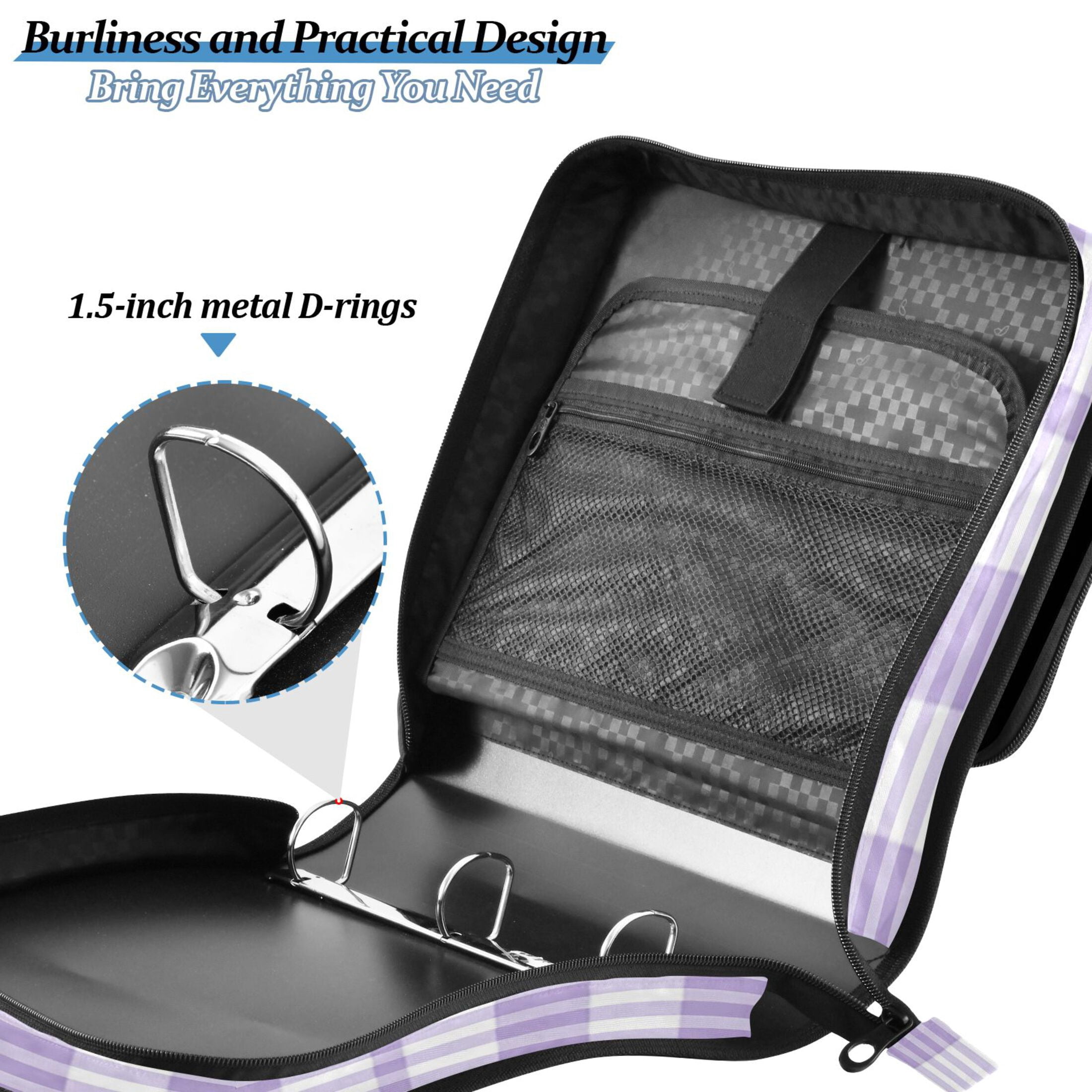 Water-Resistant 3-Ring Binder Organizer with Multiple Pockets Zipper Binder Bag for Office Purple and White Plaid
