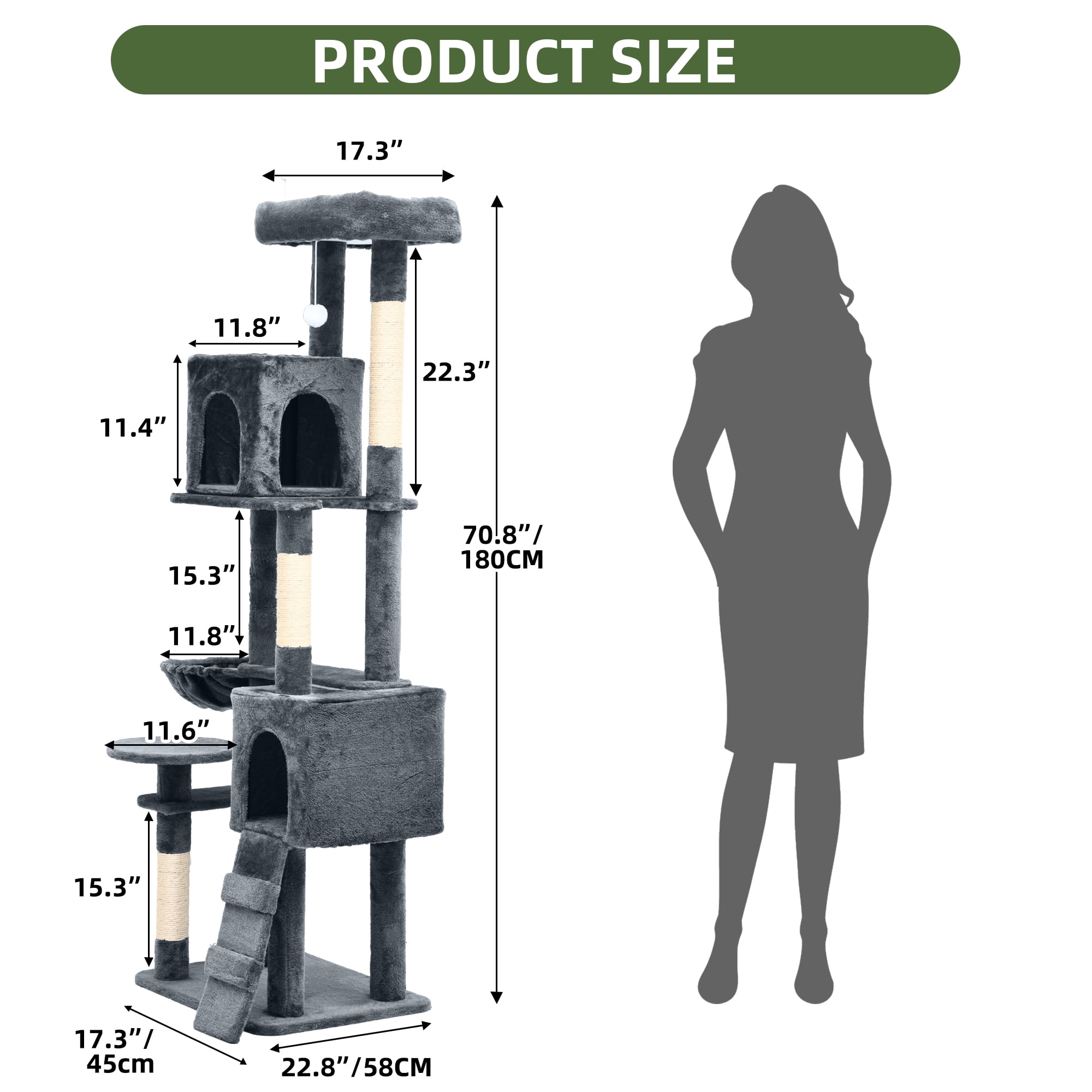 Uforic 70.8"Cat Tree Tower for Indoor Cats,Multi Level Play Tower Condo  with Scratching Posts&Cozy Basket, Dark Gray
