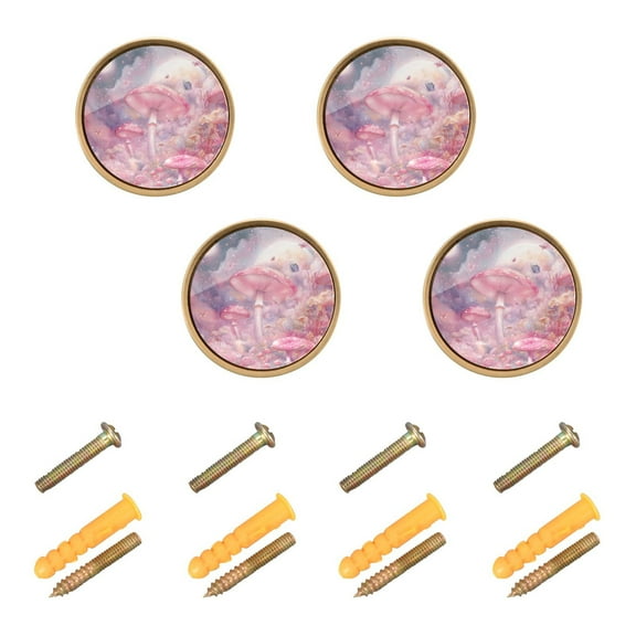 Qxltty Pink Mushroom Butterfly Cabinet Knobs Kitchen Drawer Knobs Round Door Pulls Dressing Table Wardrobe Closet Knob Handles Decorative Set of 4